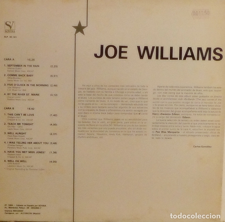 Discos de vinilo: JOE WILLIAMS (ESTRELLAS DEL JAZZ) ESPA&Ntilde;A-1984 - Foto 2