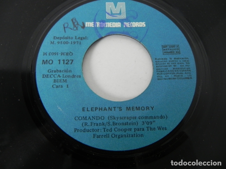Discos de vinilo: SINGLE ELEPHANTS MEMORY (COMANDO / MONGOOSE) METROMEDIA RECORDS-1971 - Foto 3