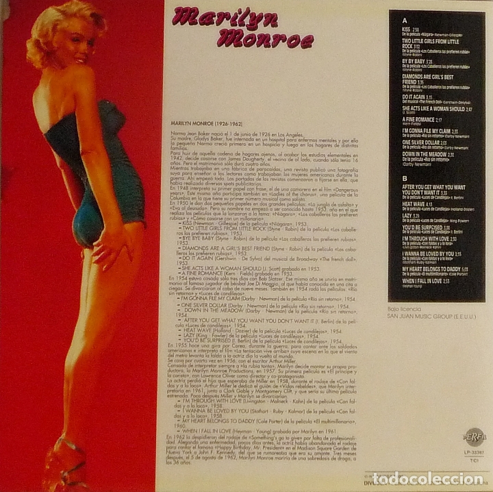 Discos de vinilo: MARILYN MONROE - SUS &Eacute;XITOS, SUS CANCIONES (ESPA&Ntilde;A-1992) - Foto 2