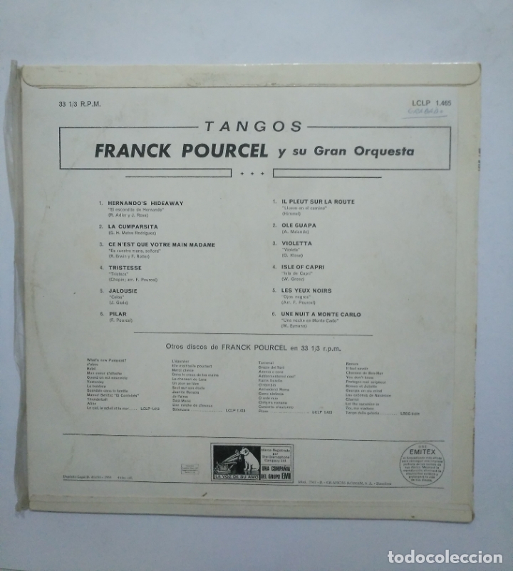 Discos de vinilo: FRANCK POURCEL Y SU GRAN ORQUESTA - TANGOS - LP. TDKDA54 - Foto 2