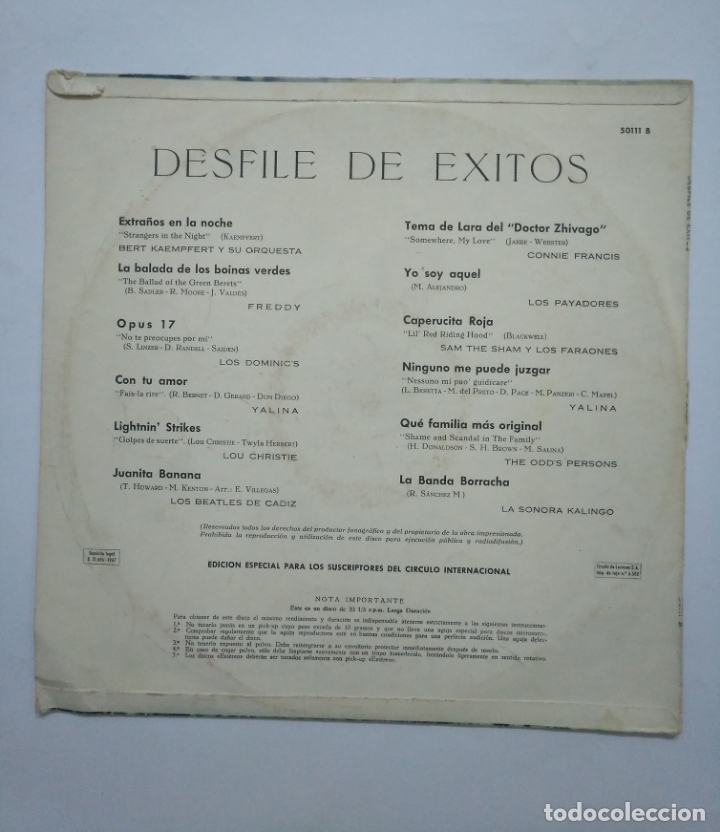 Discos de vinilo: DESFILE DE &Eacute;XITOS (1967) C&Iacute;RCULO DE LECTORES. P&Eacute;RGOLA LP. TDKDA55 - Foto 2
