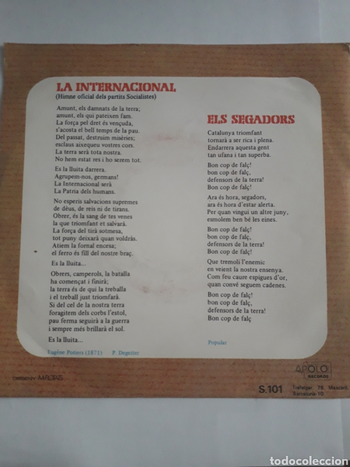 Discos de vinilo: La Internacional y Els Segadors. Singles - Foto 2