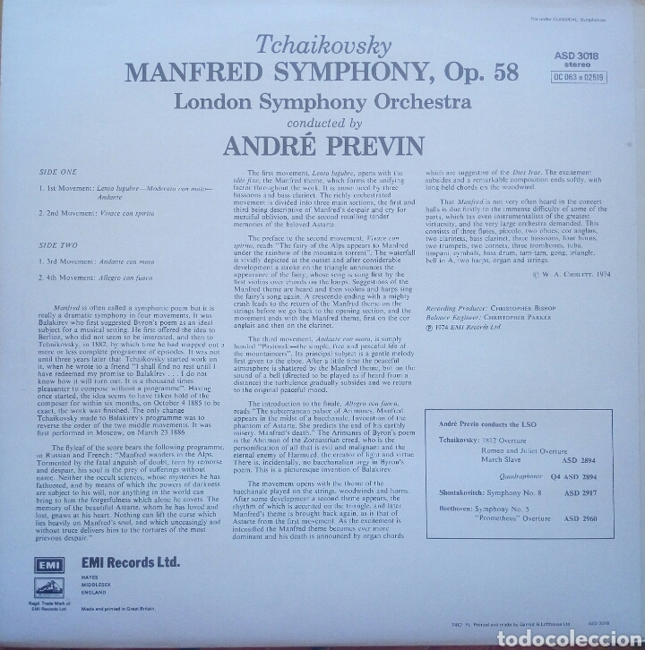 Discos de vinilo: Tchaikovsky. MANFRED SYMPHONY. Previn. EMI. (1Lp) - Foto 2