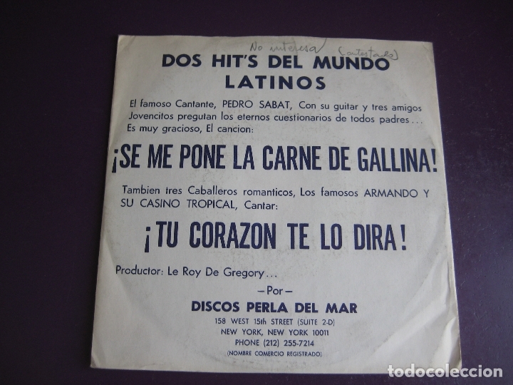 Disques de vinyle: PEDRO SABAT + ARMANDO Y SU CASINO TROPICAL SG SPLIT PERLA DEL MAR - NY - USA - LATIN - LEROY GREGORY