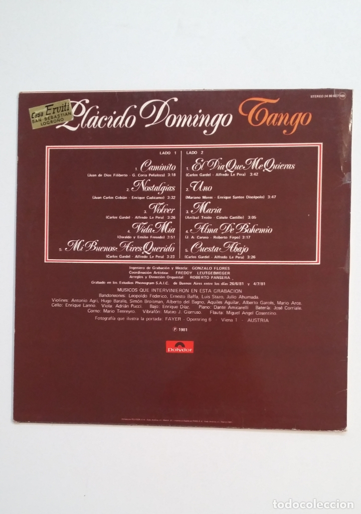 Discos de vinilo: PLACIDO DOMINGO. TANGO. LP. TDKLP3 - Foto 2