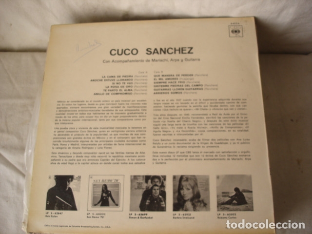 Discos de vinilo: Cuco Sanchez    Con Acompa&ntilde;iento De Mariachi, Arpa Y Guitarra - Foto 2