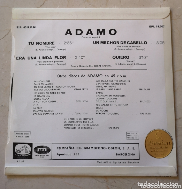 Discos de vinilo: ADAMO canciones en espa&ntilde;ol. Vinilo single - Foto 2
