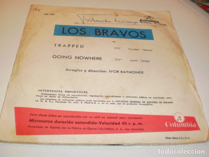 Discos de vinilo: single los bravos. trapped. going nowhere. columbia 1966 spain (probado y bien) - Foto 2