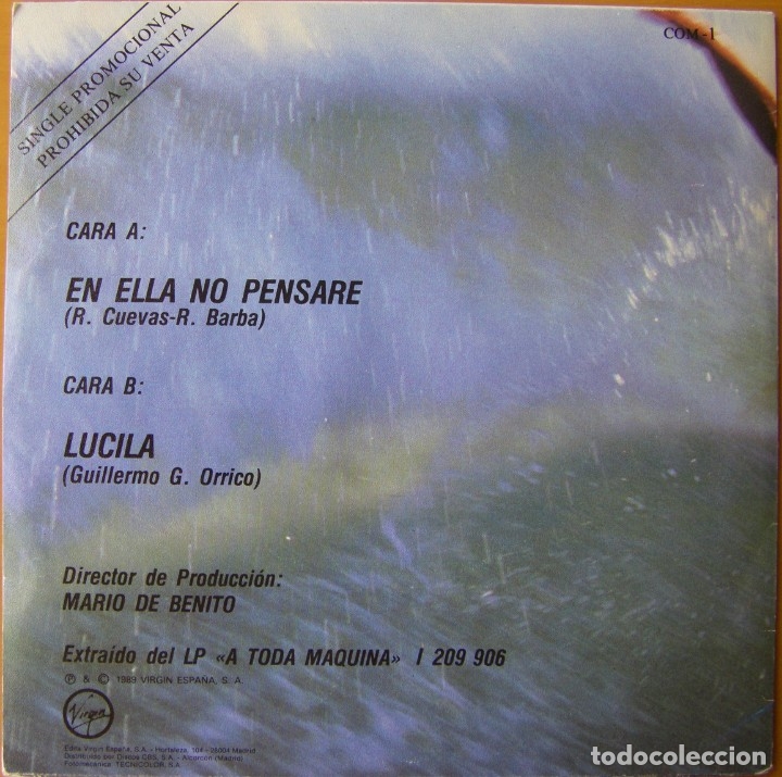 Discos de vinilo: Loscomotoras, En Ella No Pensar&eacute;, Virgin-COM-1 - Foto 2