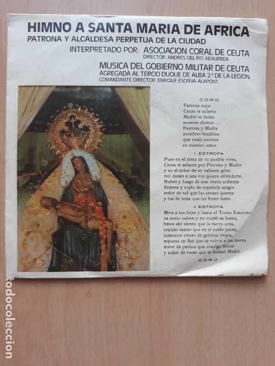 Discos de vinilo: Banda de la legi&oacute;n y coral de ceuta- himno de ceuta/ himno Virgen de africa- single tuboescape 1986