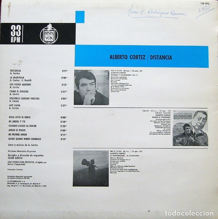 Discos de vinilo: ALBERTO CORTEZ - DISTANCIA - Foto 2