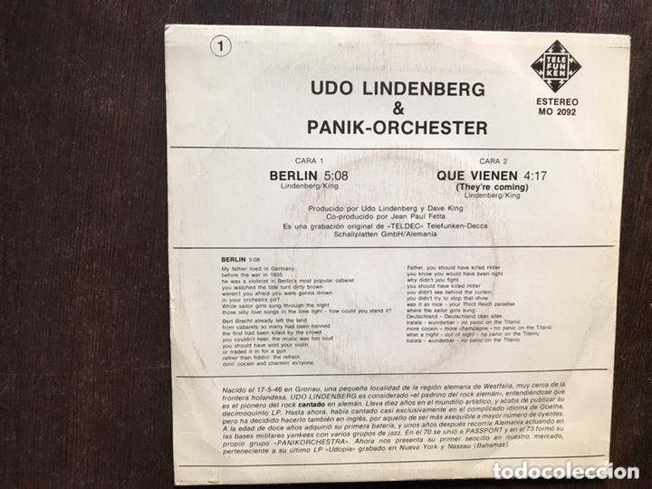 Discos de vinilo: Udo Lindenberg. Berl&iacute;n - Foto 2