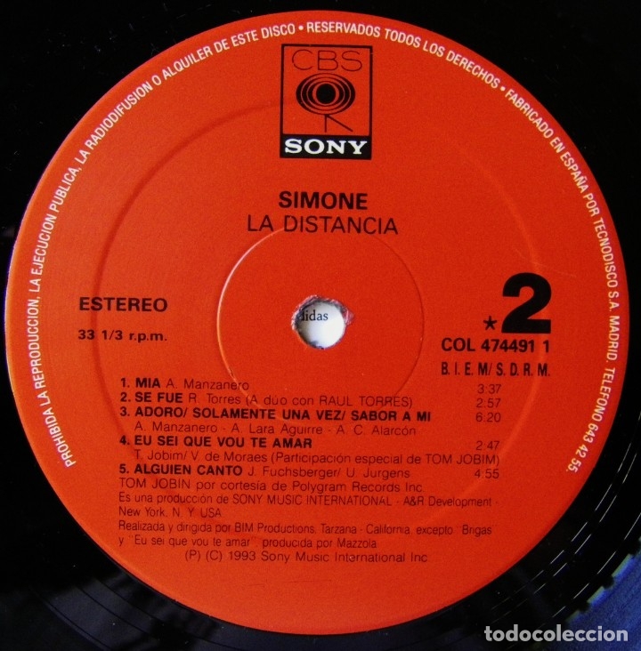 Discos de vinilo: Simone, La Distancia, CBS/Sony-COL 474491 1 - Foto 4