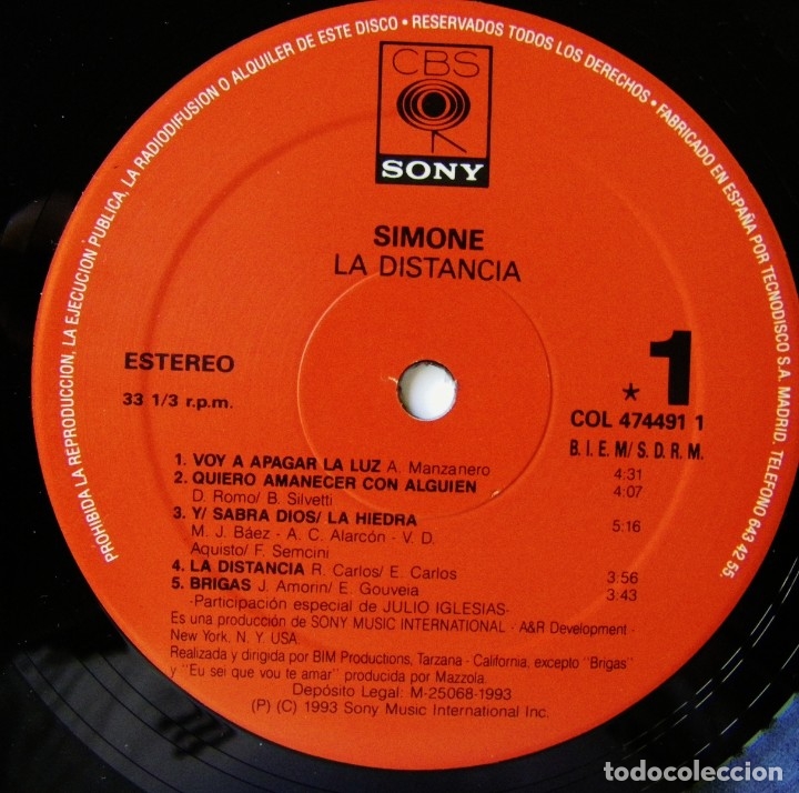 Discos de vinilo: Simone, La Distancia, CBS/Sony-COL 474491 1 - Foto 6