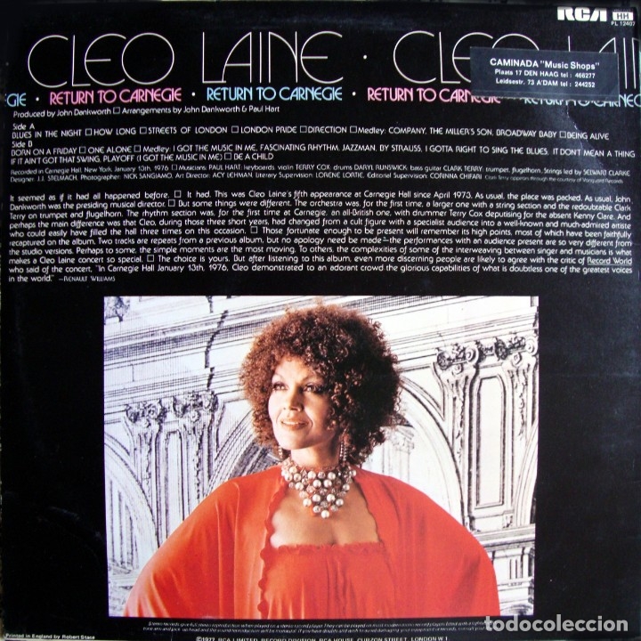 Discos de vinilo: CLEO LAINE. Return to Carnegie. - Foto 2