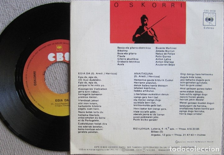 Discos de vinilo: OSKORRI: EGIA DA / ANAITASUNA - Foto 2