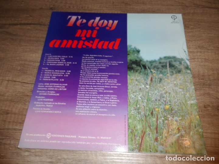 Discos de vinilo: TE DOY MI AMISTAD - JAVIER ITURRALDE - CORO AD LIBITUM - Foto 2