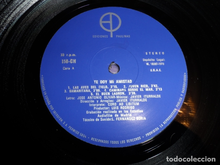 Discos de vinilo: TE DOY MI AMISTAD - JAVIER ITURRALDE - CORO AD LIBITUM - Foto 3