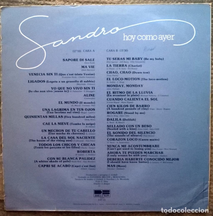 Discos de vinilo: Sandro. Hoy como ayer. Belter, Spain 1981 LP - Foto 2