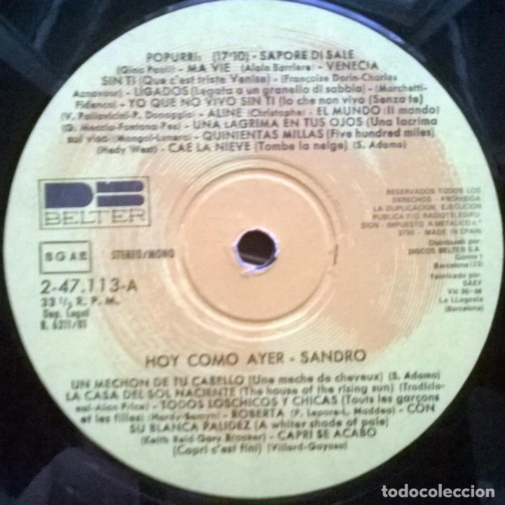 Discos de vinilo: Sandro. Hoy como ayer. Belter, Spain 1981 LP - Foto 3