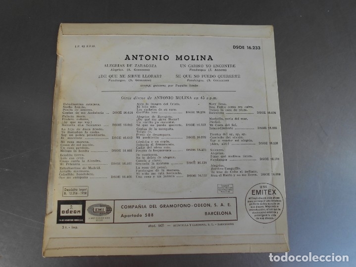 Discos de vinilo: ANTONIO MOLINA-EP ALEGRIAS DE ZARAGOZA +3-LEER - Foto 2 - 174444702