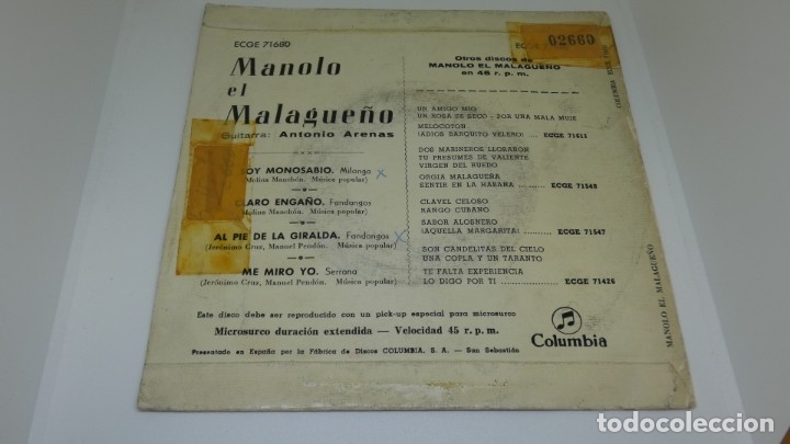Discos de vinilo: DISCO SINGLE VINILO MANOLO EL MALAGUE&Ntilde;O - Foto 2