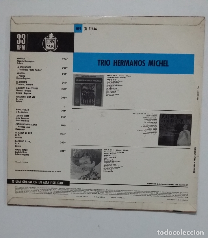 Discos de vinilo: TRIO HERMANOS MICHEL. PERFIDIA. LP. TDKDA60 - Foto 2