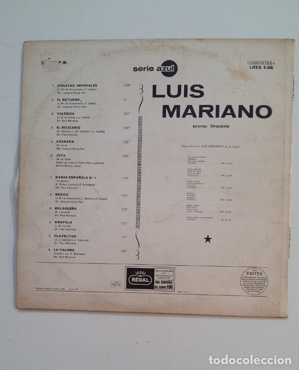 Discos de vinilo: LUIS MARIANO ACOMP. ORQUESTA LP. TDKDA61 - Foto 2