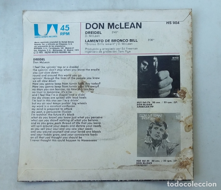 Discos de vinilo: DON MCLEAN - DREIDEL / LAMENTO DE BRONCO BILL - SINGLE. TDKDS15 - Foto 2