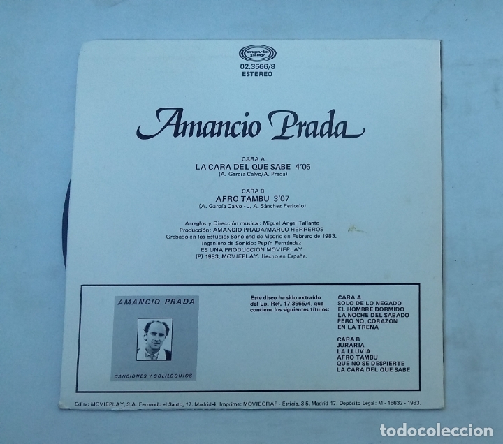 Discos de vinilo: AMANCIO PRADA - LA CARA DEL QUE SABE - SINGLE. TDKDS16 - Foto 2
