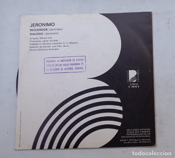 Discos de vinilo: JERONIMO. RECUERDOS. SINGLE. TDKDS16 - Foto 2