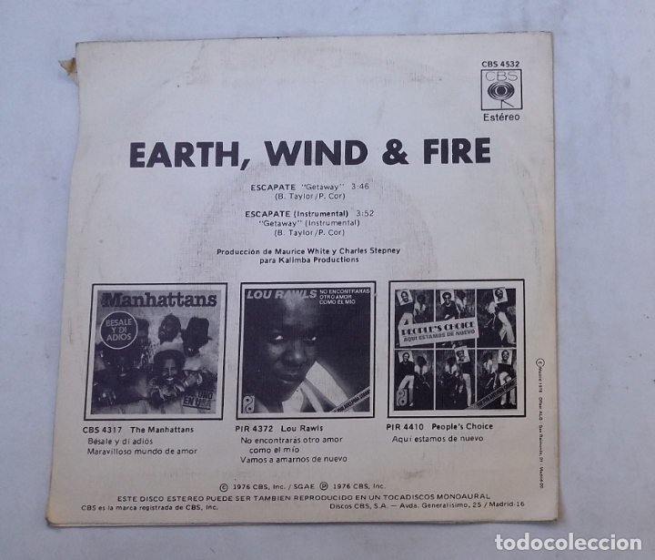 Discos de vinilo: EARTH, WIND & FIRE - GETAWAY (ESCAPATE). SINGLE. TDKDS16 - Foto 2