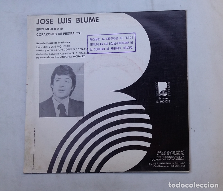 Discos de vinilo: JOSE LUIS BLUME. ERES MUJER. SINGLE. TDKDS16 - Foto 2