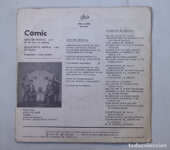 Discos de vinilo: COMIC. Ojos de cristal / Gozos en el astral - Single. TDKDS16 - Foto 2
