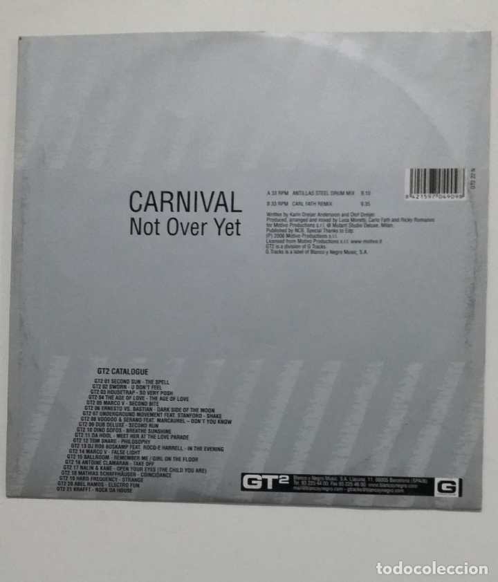 Discos de vinilo: CARNIVAL NOT OVER YET. GT2. MAXI SINGLE. TDKDA65 - Foto 2