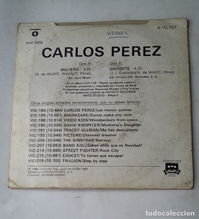 Discos de vinilo: CARLOS PEREZ. SOLTERO. SINGLE. TDKDS17 - Foto 2