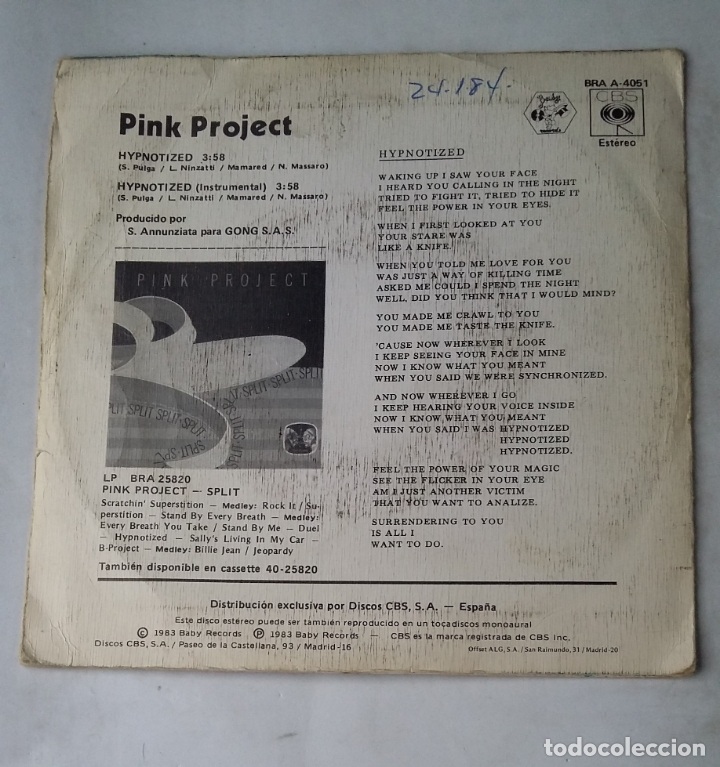 Discos de vinilo: Pink Project - Hypnotized. single. TDKDS17 - Foto 2