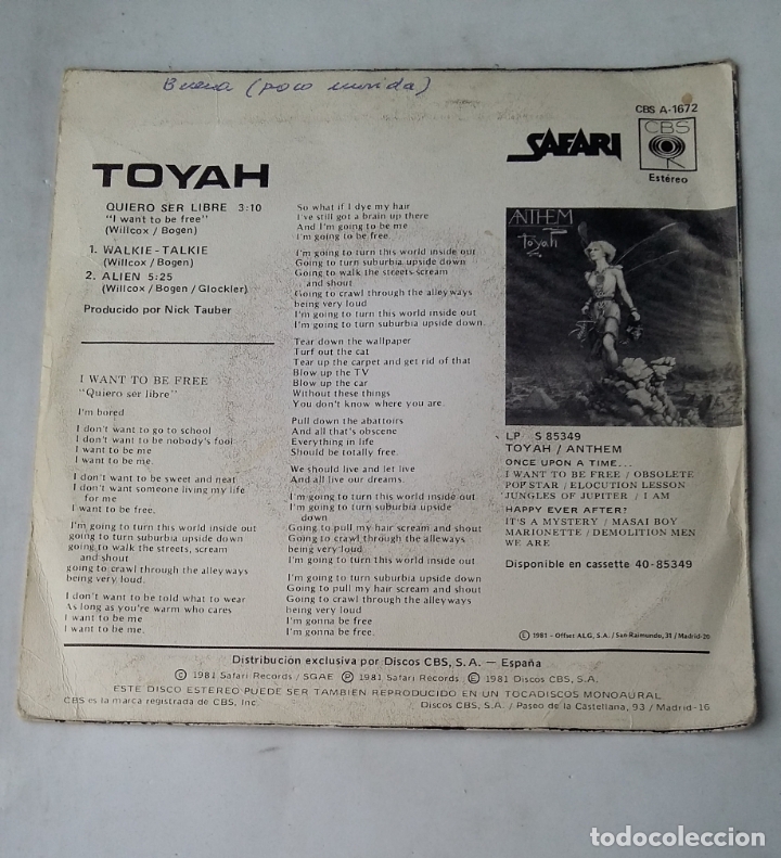 Discos de vinilo: TOYAH. QUIERO SER LIBRE. SINGLE. TDKDS17 - Foto 2