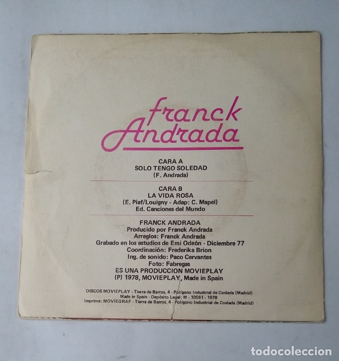 Discos de vinilo: FRANCK ANDRADA. SOLO TENGO SOLEDAD. SINGLE. TDKDS17 - Foto 2