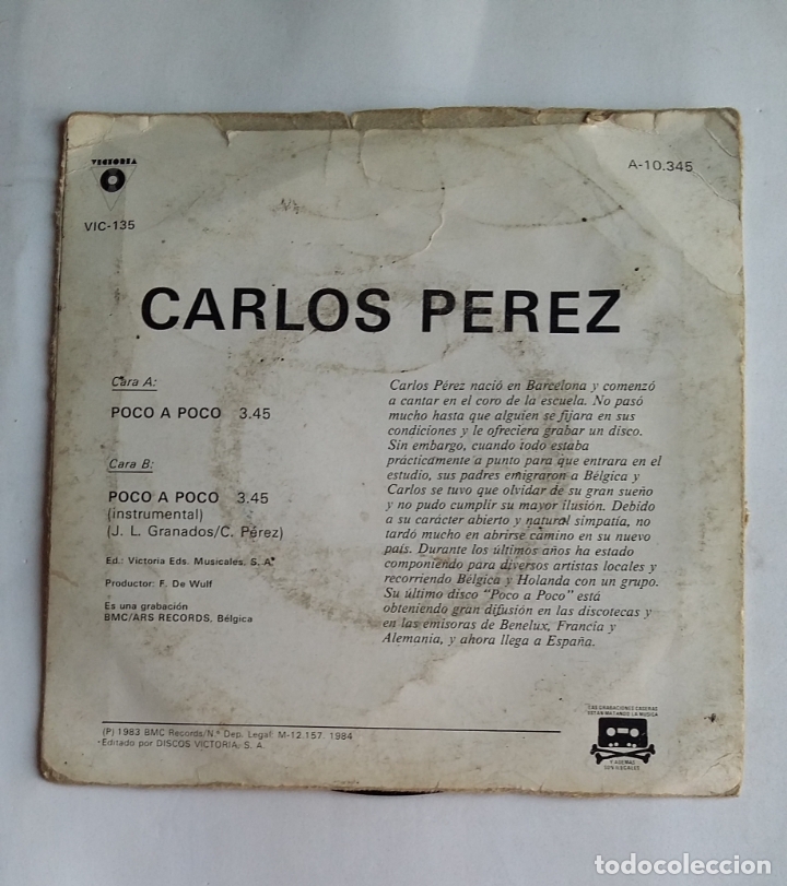 Discos de vinilo: Carlos Perez. Poco A Poco - SINGLE. TDKDS18 - Foto 2