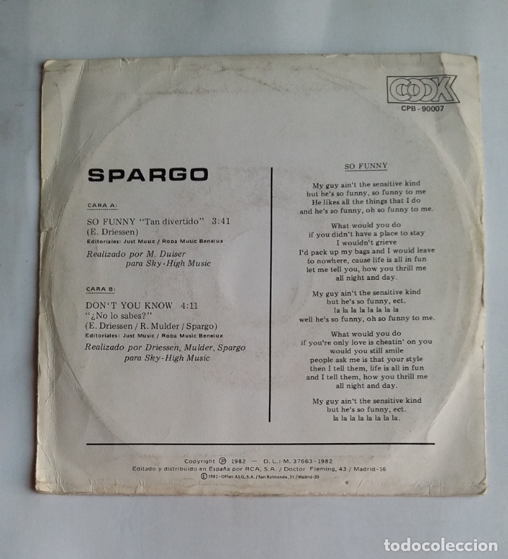 Discos de vinilo: SPARGO - SO FUNNY / DONT YOU KNOW - SINGLE. tdkds18 - Foto 2
