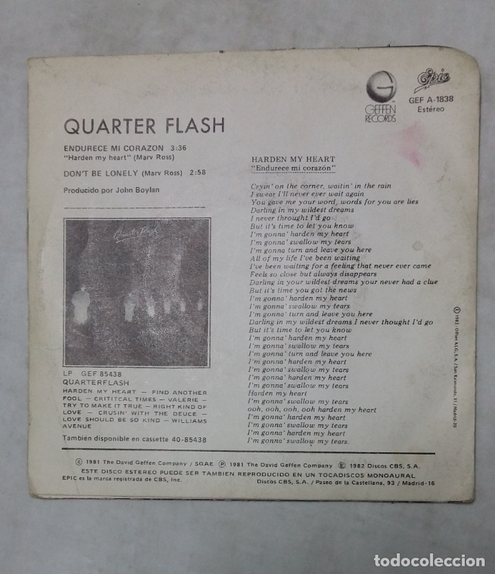 Discos de vinilo: Single Quarter Flash. Endurece mi coraz&oacute;n. SINGLE. TDKDS18 - Foto 2