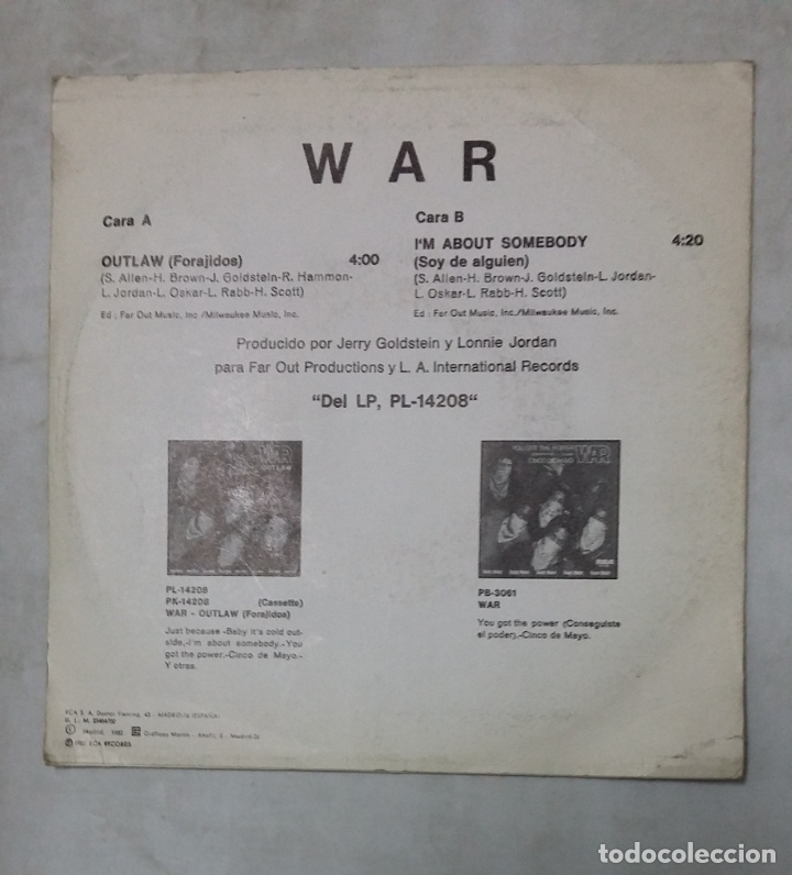 Discos de vinilo: WAR Outlaw - Forajidos. Single. tdkds19 - Foto 2