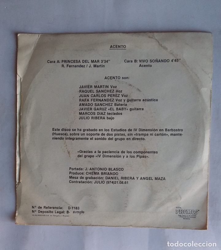 Discos de vinilo: ACENTO. PRINCESA DEL MAR. SINGLE. TDKDS19 - Foto 2