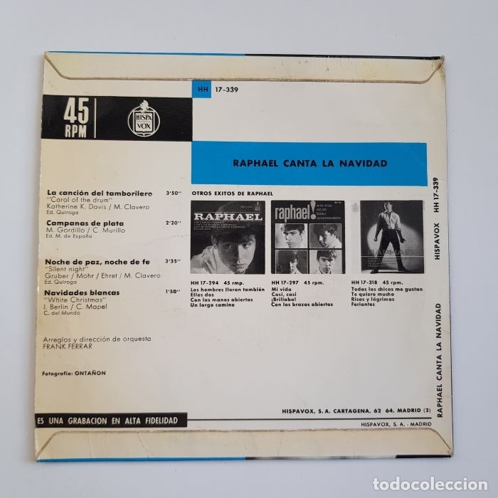 Discos de vinilo: RAPHAEL, CANTA LA NAVIDAD, HISPAVOX, CON SE&Ntilde;ALES DE USO NORMAL - Foto 2