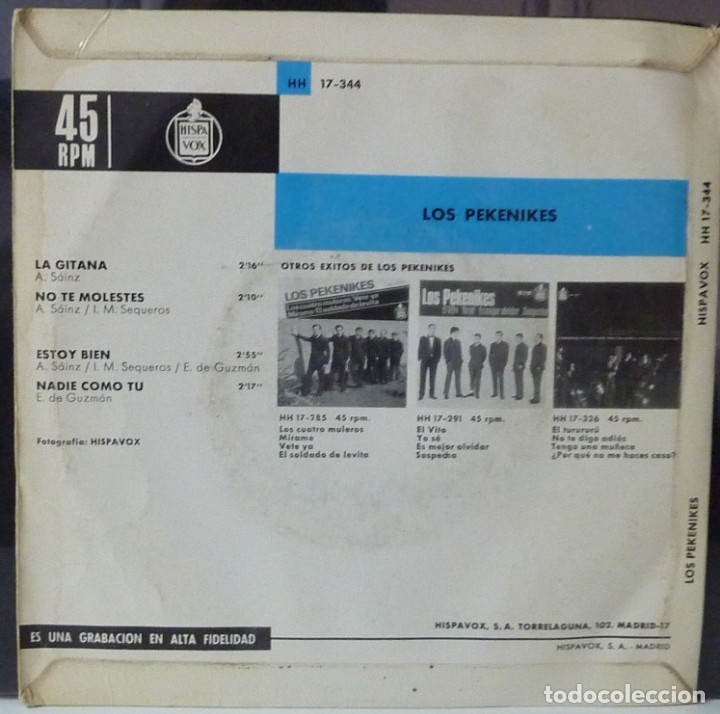 Discos de vinilo: LOS PEKENIKES//LA GITANA+3//1965// EP - Foto 2