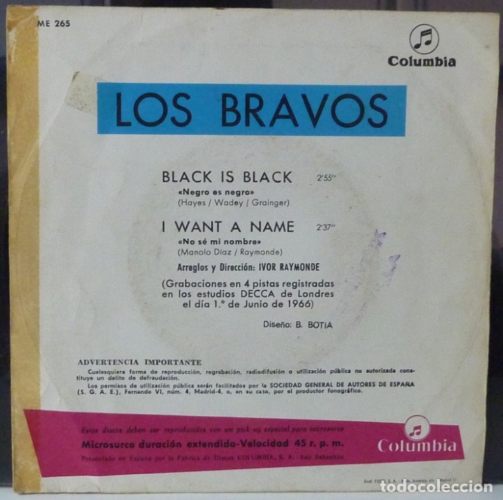 Discos de vinilo: LOS BRAVOS// BLACK IS BLACK+1// 1966// SINGLE - Foto 2