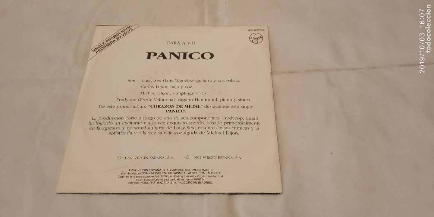 Discos de vinilo: METALICOS -P&Aacute;NICO- (1991) SINGLE 7 - Foto 2