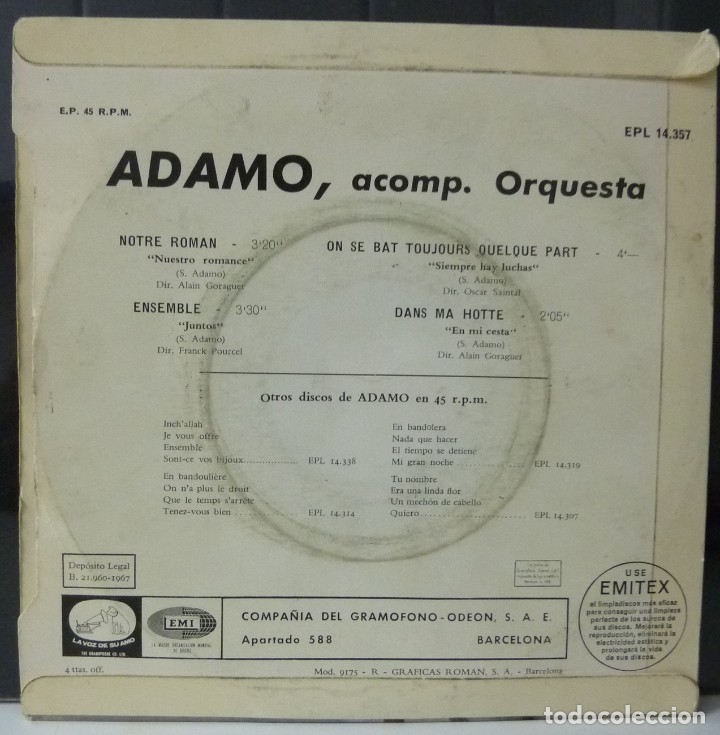 Discos de vinilo: ADAMO//NOTRE ROMAN+3//1967 - Foto 2