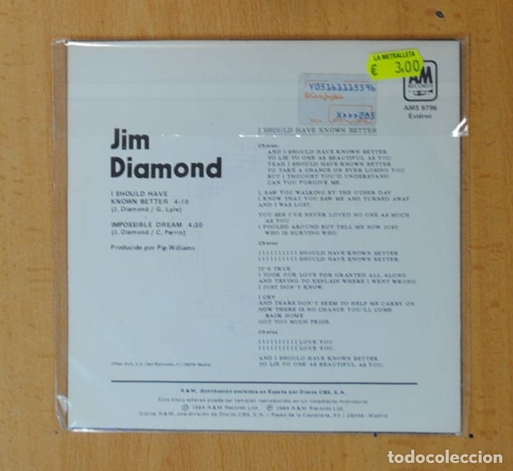Discos de vinilo: JIM DIAMOND - I SHOULD HAVE KNOW BETTER / IMPOSSIBLE DREAM - SINGLE - Foto 2